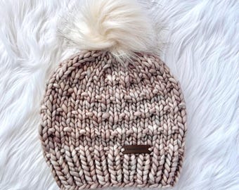 Chunky Merino Wool Knit Beanie with Faux Fur Pom - Hand Knit Luxury Winter Hat