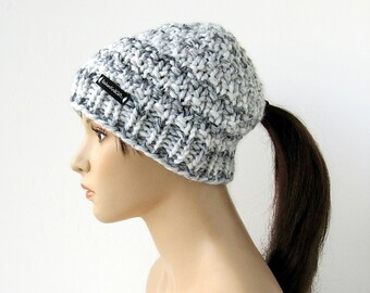 Black and White Knit Ponytail Hat - Ponytail Beanie -  Low Ponytail Hole - Chunky Knit - Women's Winter Hat - Handmade In Alaska