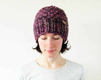 Chunky Knit Beanie for Women - Winter Hat in Wool Blend Yarn - Hand Knit