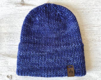 Blue Merino Wool Knitted Double Brim Beanie - Hand Knit Luxury Hat for Women or Men