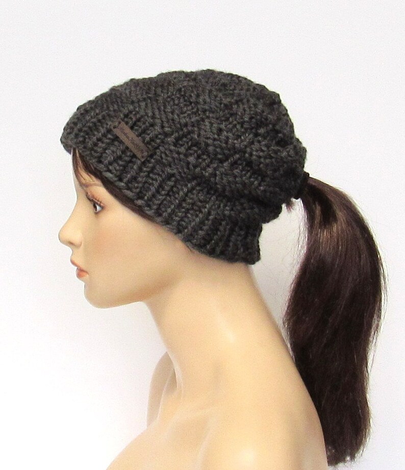 Running Active Winter Hat Chunky Knit Beanie with Pony Tail Hole Handmade in Alaska Wool Blend Dark Gray Low Ponytail Hat