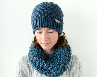 Chunky Knit Beanie and Cowl Scarf Set Women's Knitted Winter Hat and ...