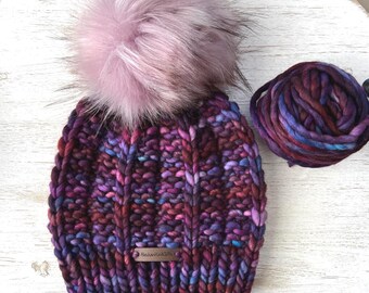 Merino Wool Chunky Hand Knit Hat with Faux Fur Pom Pom - Luxury Knitted Winter Pom Hat for Women in Purple Mix