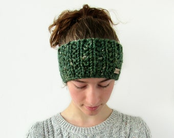 Chunky Knit Ear Warmer - Green Tweed Knitted Headband - Winter Head Wrap - Gift for Her