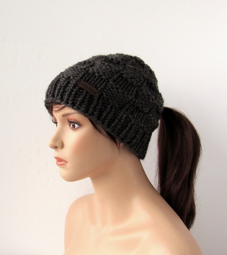 Running Active Winter Hat Chunky Knit Beanie with Pony Tail Hole Handmade in Alaska Wool Blend Dark Gray Low Ponytail Hat