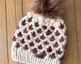 Merino Wool Chunky Hand Knit Beanie Hat with Faux Fur Pom Pom - Womens Fall Winter Toque