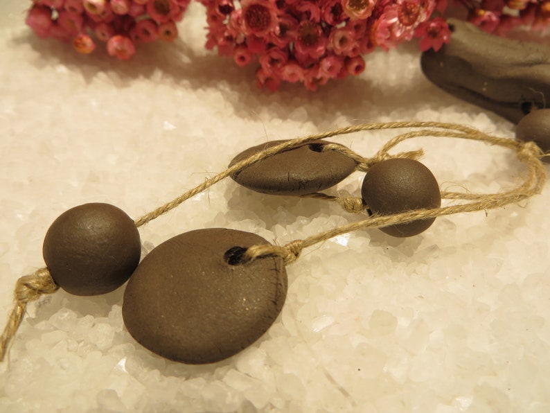 set pendenitf Unique Antique. 6 tribal beads Hand made Ceramic Moo Raw black rustic