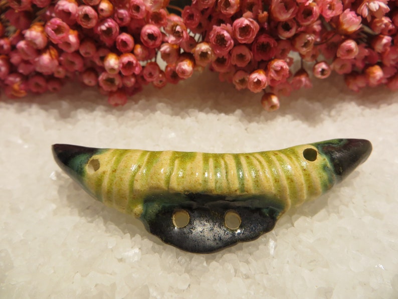 Talisman primitive Neolithic age Handmade and unique Ceramic connector Moo Tribal Yellow green moss and black satin metal. Pendant