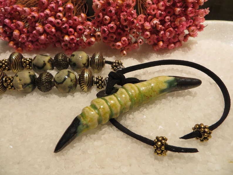 Talisman primitive Neolithic age Handmade and unique Ceramic connector Moo Tribal Yellow green moss and black satin metal. Pendant