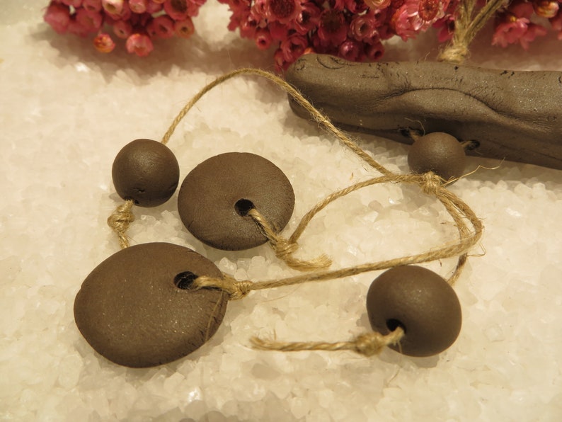 set pendenitf Unique Antique. 6 tribal beads Hand made Ceramic Moo Raw black rustic