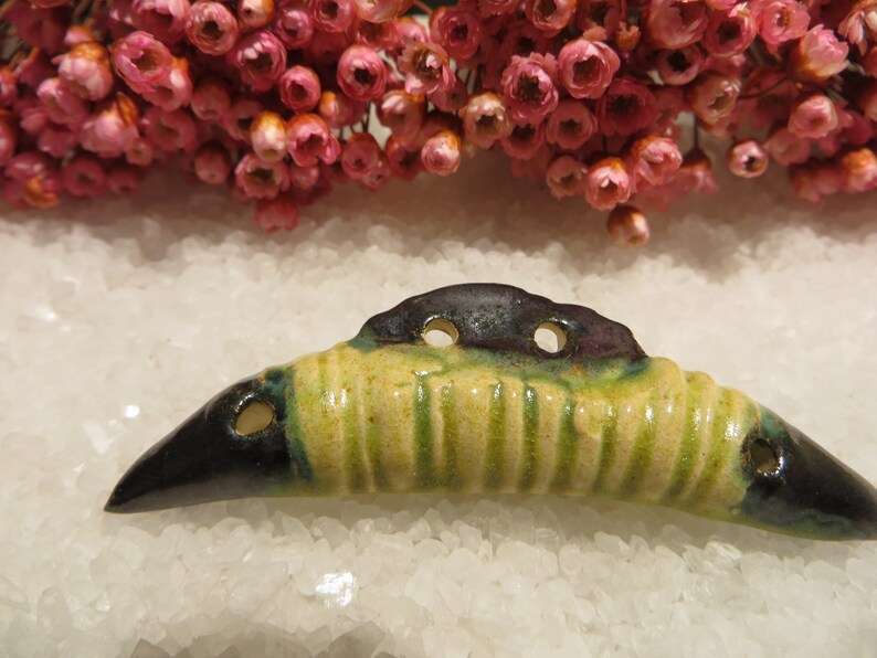 Talisman primitive Neolithic age Handmade and unique Ceramic connector Moo Tribal Yellow green moss and black satin metal. Pendant