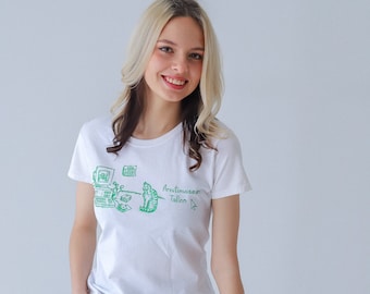 RETRO COMPUTER & CAT Hand Painted T-Shirt, geek or gamer gift, Summertime casual, kids, teens, petite