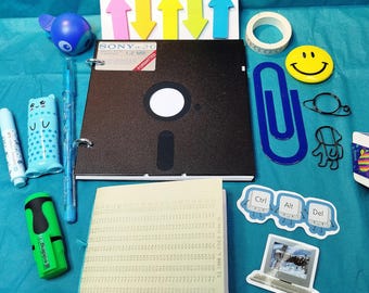 Bookish Bundle Mystery Box (Blue) - 15 items | 2 handmade notebooks - Floppy + USSR Punch Card | Book lover gift, Geek gift
