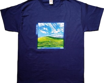 Hand painted T-shirt - The green hills of Windows, Computer desktop wallpaper, Y2K esthetic