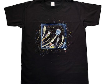 Hand painted T-shirt with Computer cables and wires - Original design, 100% Cotton