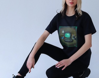 Midnight Laptop T-shirt, Printed graphic tee with original design, Cyberpunk vibes, Geek gift idea