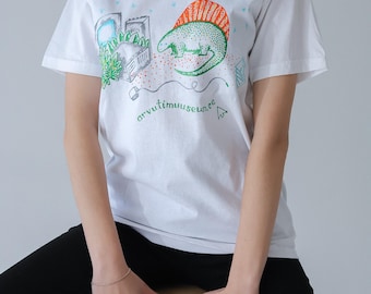 Hand painted T-shirt with a Dinosaur looking at a retro computer - graphic tee with original design, Geek gift idea