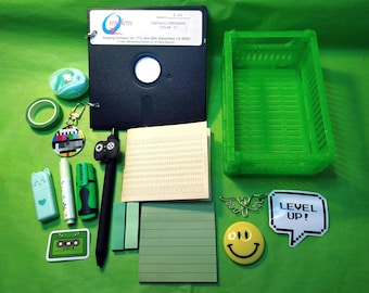 Bookish Bundle Mystery Box (Green) - 15 items | 2 handmade notebooks - Floppy + USSR Punch Card | Book lover gift, Geek gift