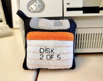 Floppy Disk Toy - "Disk 2 of 5" label, black diskette, 1980s, Handmade felt ornament, Computer disk, Home decor, geek gift