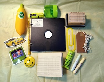 Bookish Bundle Mystery Box (Yellow-Green) - 15 items | 2 handmade notebooks - Floppy + USSR Punch Card | Book lover gift, Geek gift