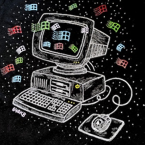 Może przedstawiać: Czarno-biała ilustracja komputera w stylu vintage z monitorem, klawiaturą i myszą. Ekran wyświetla kolorowe ikony okien, a więcej ikon unosi się wokół komputera. Tekst "640KB" znajduje się po lewej stronie u dołu.