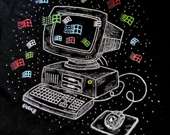 Hand painted WINDOWS 95 SCREENSAVER T-shirt, Old Computer and Colorful Symbols, Nostalgic Geek Gift