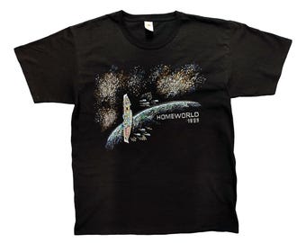 Hand painted HOMEWORLD - 1999 game T-shirt, Classic videogames from 1990-s, Spaceship above a planet, Nostalgic Geek Gift