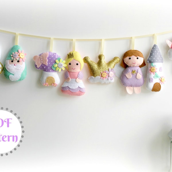 PDF instructions for felt Princess Garland. Instructions for 8 decorations included. Digital Pattern. Instant Download