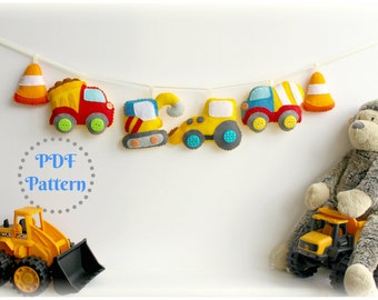 PDF instructions for felt construction vehicle garland, decoration set. Instructions for 6 decorations included. Digital Pattern. Download