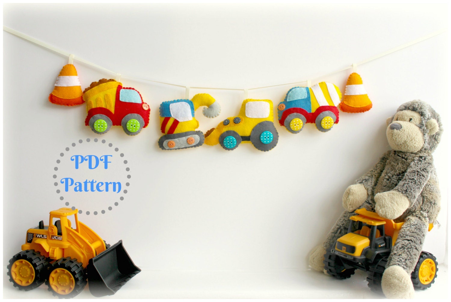 PDF instructions for felt construction vehicle garland, decoration set. Instructions for 6 decorations included. Digital Pattern. Download