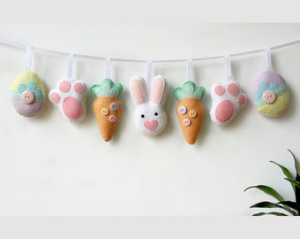 PDF download instructions for felt Easter Bunny decoration set. Instructions for 4 different decorations included, to make 7 piece garland.