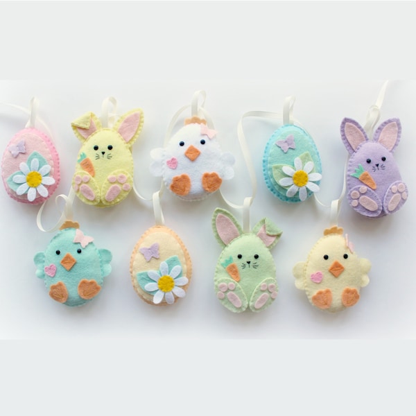 Guirlande d'amis de Pâques en feutre. Ensemble fait main de 9 décorations de Pâques. Guirlande en feutre. Lapin de Pâques. Poussin de Pâques. Oeufs de Pâques.