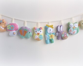 Felt Easter Woodland Garland. Made to order set of 8 decorations. Felt owl, squirrel, toadstool, fox, deer, hedgehog, bird, rabbit.