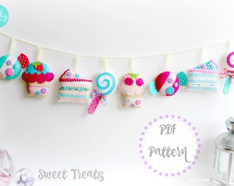 PDF instructions for felt Sweet Treats Garland. Instructions for 8 decorations included. Digital Pattern. Instant Download