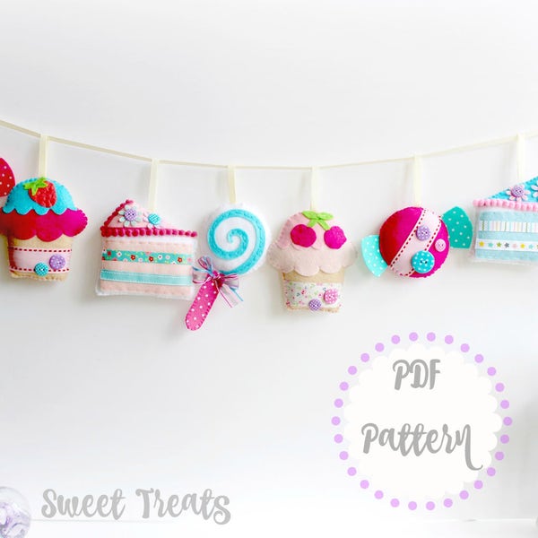 PDF instructions for felt Sweet Treats Garland. Instructions for 8 decorations included. Digital Pattern. Instant Download