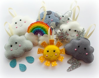 Handgefertigte Wetter-Girlande aus Filz: Regenbogen, Sonne, Mond, Stern, Wolken
