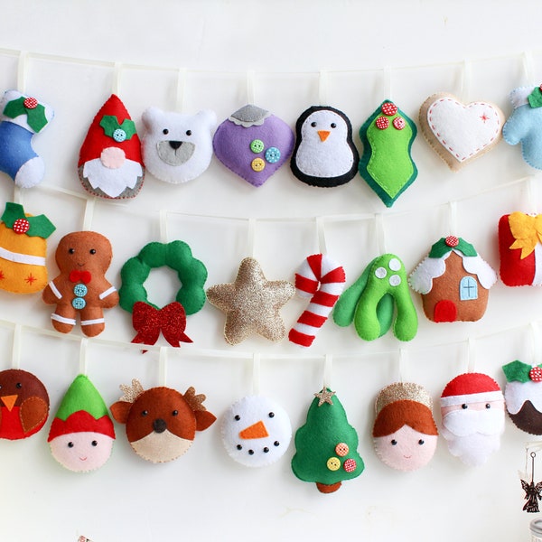 Digital Download pattern and instructions for 24 piece Felt Advent Christmas garland. Instant download.
