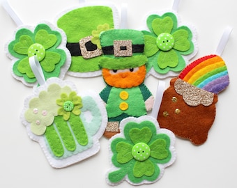 PDF pattern for felt St Patrick's Day decoration set. Instructions and templates for all decorations included in instant download.