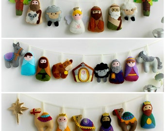 May include: A felt Christmas garland with a variety of characters, including a star, a donkey, a camel, a cow, a sheep, a shepherd, an angel, and the three wise men. The garland is perfect for decorating a Christmas tree or mantle.