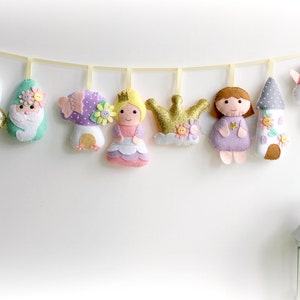 Felt Princess Garland, Handmade set of 8 felt decorations, Fairytale, princess decor, nursery decor, birthday gift image 1