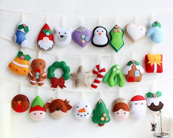 Make Your Own Felt Advent Calendar Garland kit, sewing kit to make a set of 24 festive felt decorations, heirloom ornaments