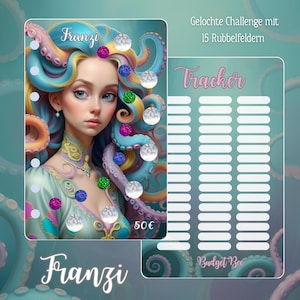 Könnte beinhalten: Ein Budget-Tracker im Fantasy-Stil mit einem Porträt einer Frau mit blau-gelbem Haar und Oktopus-Tentakeln. Der Tracker enthält den Text "Franzi", "Tracker" und "Budget Bee". Das Bild enthält auch den Text "Gelochte Challenge mit 15 Rubbelfeldern" und den Preis "50€".