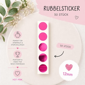 Könnte beinhalten: Ein vertikaler Streifen mit fünf kreisförmigen, pinkfarbenen Rubbelstickern. Die Aufkleber haben eine metallische Oberfläche und einen Durchmesser von 12 mm. Das Bild enthält den Text RUBBELSTICKER, 50 STÜCK, 12mm sowie Sparschwein- und Pokalsymbole.