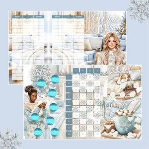 Könnte beinhalten: Eine digitale Illustration mit Winterthema. Sie zeigt eine Frau mit einer Tasse, einen Corgi-Hund und eine Frau mit einer Katze. Die Texte "Winter Morning", "Rubbeln", "Tombola" und "Würfeln" sind sichtbar. Die Farbpalette umfasst Blau- und Weißtöne.