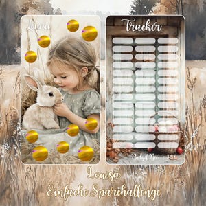 Könnte beinhalten: Digitaler Kunstdruck mit zwei Tafeln. Eine zeigt ein Mädchen mit einem Kaninchen, die andere einen Tracker mit einem Korb mit Äpfeln. Der Text "Louisa Einfache Sparchallenge" steht unten.