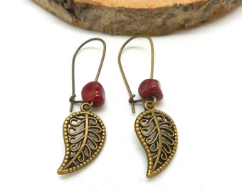 Boucles d'oreilles dormeuses feuilles, perles rouges ou noire