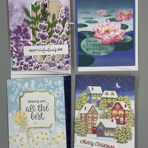 Cartões Feitos à Mão, Conjunto de 4 Cartões com sentimento, para toda a família e amigos. Uma variedade de técnicas usadas para criar, únicas.