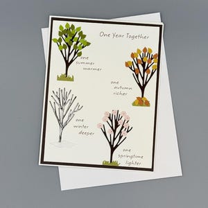 Handgemaakt, jubileumkaart met tekst, 1 jaar, voor familie en vrienden. Een assortiment aan technieken en stijlen die zijn gebruikt om te creëren, uniek in zijn soort.