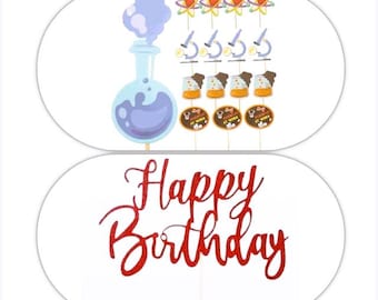11 Piece Science- Biology, Chemistry Physics Birthday Cake Topper Bundle & Science Table cloth Add On