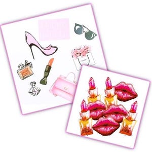 8 Pcs Happy Birthday Cosmetic Cake Topper Set- Diamond Bag , Perfume, Lipstick, High Heels etc & Giant Lips , Giant Lipstick Balloon Options